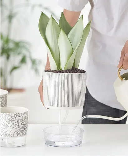 Miniatura 7 de Macetas de riego automático para plantas de interior, macetas, maceta de riego automático, 2 piezas de 4 + 5.3 pulgadas, rayas negras