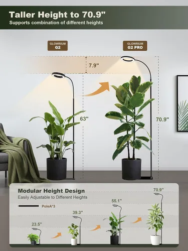 Miniatura 2 de GLOWRIUM Luz LED de Cultivo de 24W para Plantas de Interior, Altura Ajustable de 23.5-71", Espectro Completo de 3 Modos de Crecimiento para Luz