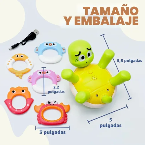 Miniatura 6 de Sizobi Juguetes de Baño para Bebés, Juguete de Baño de Tortuga Recargable con Rociador para Niños Pequeños con 5 Anillos, Juguete de Rociador