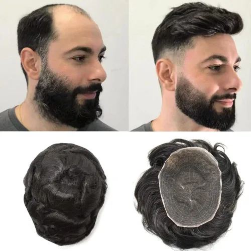 Miniatura 14 de Extensiones de cabello suizo completo para hombre, sistema de reemplazo de cabello humano europeo para hombres