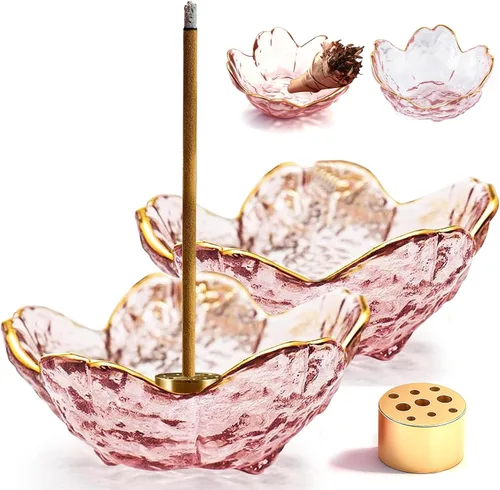 Miniatura 10 de Soporte de incienso para varillas y incienso de reflujo, soporte de incienso hecho a mano de vidrio con diseño de flores de cerezo, con 9 agujeros