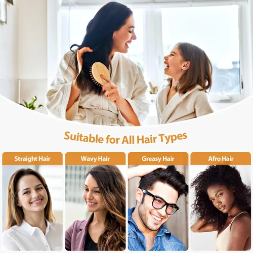 Miniatura 6 de Paquete de 2 cepillos de pelo con cerdas naturales, masajes cuero cabelludo antiestático desenredar el cabello para todo tipo, ligero (MINI)