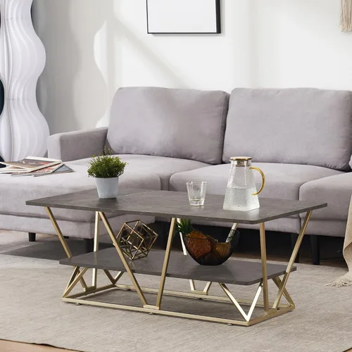 Miniatura 8 de ivinta Mesa auxiliar con almacenamiento, mesa central rectangular moderna con mármol sintético y marco dorado para espacios pequeños, mesa de sala