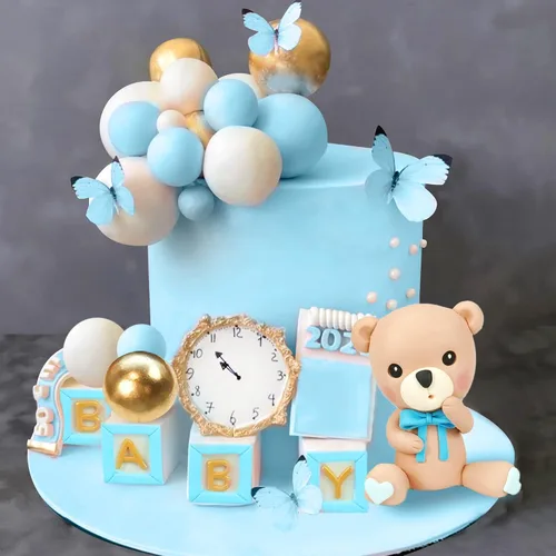 Decoración para tartas de oso, decoración de pastel de oso con letras azules, esferas doradas y azules y blancas de perlas para suministros de