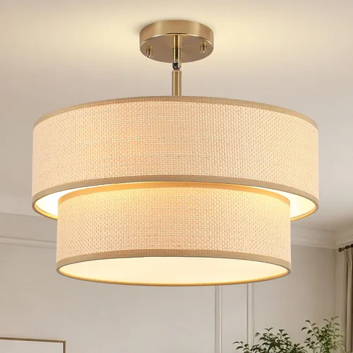 Miniatura 9 de Rattan Sloped Ceiling Light, 16.53" Woven Semi Flush Mount Boho Fabric Drum Shade, Pendant Lighting, for Dining Room, Foyer, Living Room, Hallway