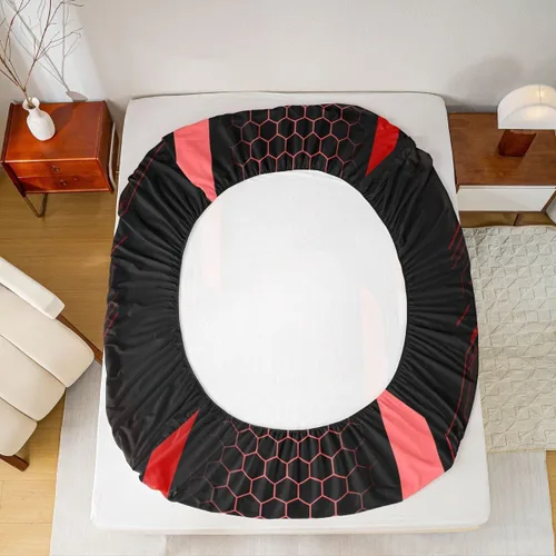 Miniatura 6 de Manfei Sábana bajera ajustable de panal rojo, tamaño matrimonial, juego de ropa de cama hexagonal geométrica de 3 piezas para decoración de Multi 07