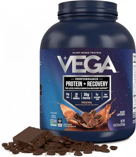Vega Sport Proteína Vegana en Polvo + Recuperación - 30g de Proteína a Base de Plantas por Porción, Mocha, 45 Porciones, 5g de BCAA, Probióticos,