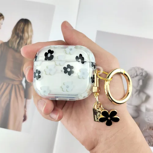 Miniatura 6 de Funda compatible con AirPods 3 2021, TPU suave con bonito patrón de flores para AirPods de 3ª generación con llavero de flores y mosquetón para Negro