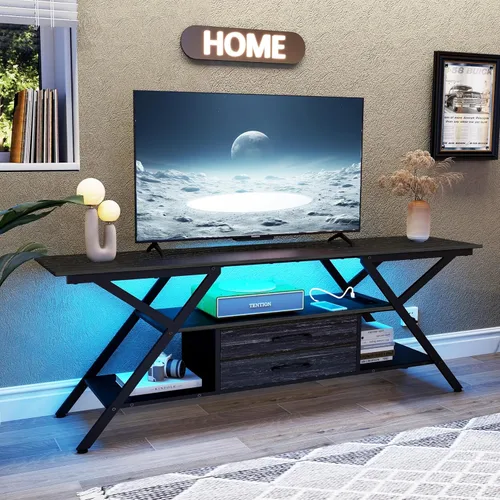 Simoretus - Soporte de TV con toma de corriente y luces LED, para televisores de hasta 65”, centro de entretenimiento con 2 cajones de tela y