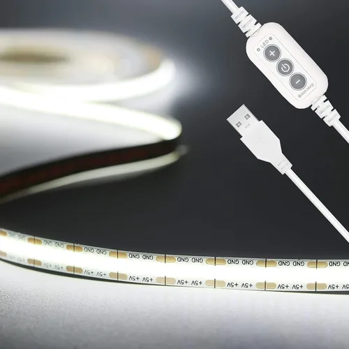 PAUTIX Tira de luz LED USB de 5 V, 6.56 pies/6.6 ft, 640 LEDs 1200 lm Tira LED COB regulable 6000 K luz diurna blanca CRI90+ retroiluminación
