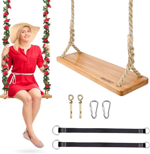 Columpio de madera colgante, columpio de árbol de 24 x 8 x 1.2 pulgadas para adultos y niños, cuerda de nailon gruesa ajustable y correas de árbol
