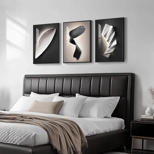 Miniatura 2 de Juego de arte moderno enmarcado de 3 piezas, arte abstracto de líneas geométricas en blanco y negro, pinturas artísticas de lujo contemporáneas