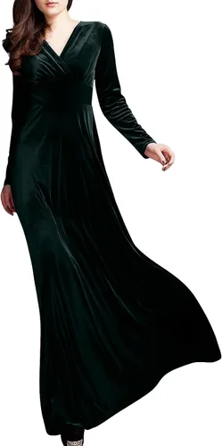 SGASY Vestido largo de terciopelo elástico de manga larga con cuello en V para mujer, elegante vestido de cóctel con forro A