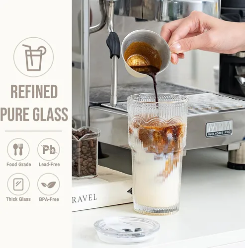 Miniatura 4 de SoulTimes Juego de 2 vasos de vidrio acanalados y florales de 20 onzas, vasos de vidrio reutilizables con tapa y popote de vidrio, tazas de café