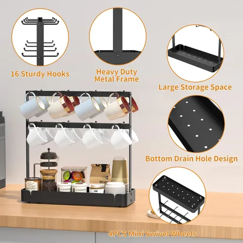 Miniatura 3 de RCHYFEED Soporte para taza de café para encimera, organizador de tazas de aleación de aluminio con 16 ganchos móviles, soporte de árbol de 2 niveles