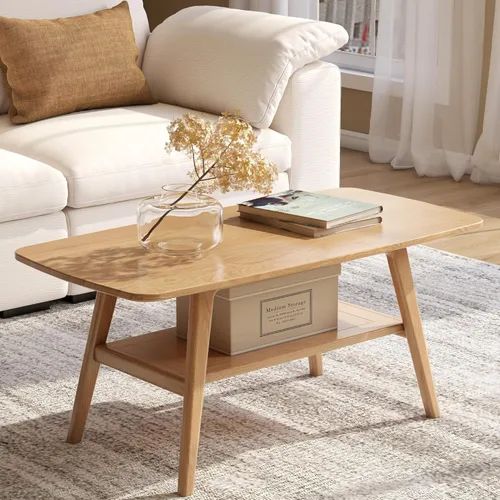 Mesa de centro 100% de madera de roble macizo para sala de estar, mesas de centro pequeñas de 2 niveles con almacenamiento en estantes, mesa moderna