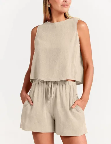 Miniatura 2 de GIVNUAN Conjunto de 2 piezas de lino con cuello cuadrado para mujer, conjunto de pantalones cortos a juego para la playa, verano 2023 a la moda