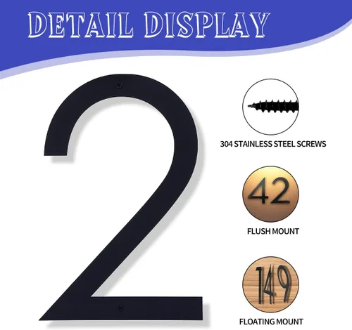 Miniatura 18 de Números de casa negros de metal moderno de 12 pulgadas para exterior, dirección flotante número 7 con kit de clavos para puerta