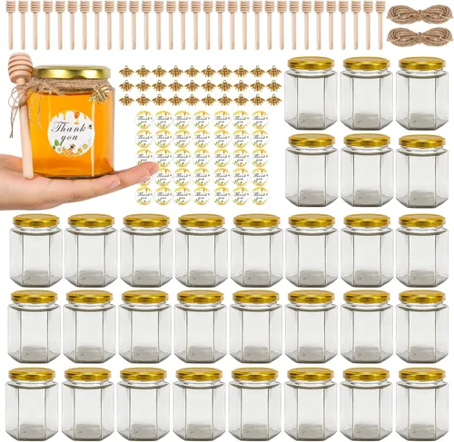 Miniatura 13 de Mini tarros de miel de 1.5 onzas – Paquete de 60 tarros hexagonales de vidrio con varitas de miel de madera, tapas doradas, colgantes de abeja