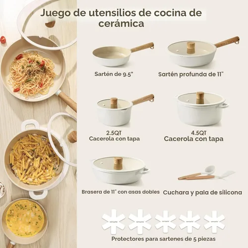 Miniatura 2 de SENSARTE - Juego de utensilios de cocina de cerámica antiadherente, ollas y sartenes no tóxicas y saludables, juego de cocina recubierto de Crema