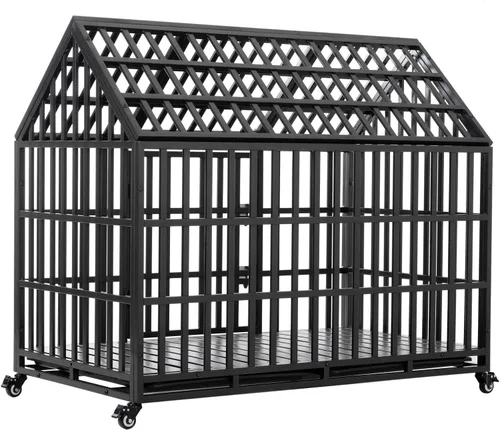 Jaula de perro resistente de 52 pulgadas, jaula grande para perros, perreras y jaulas de metal fuerte para perros grandes con 4 ruedas con cerradura