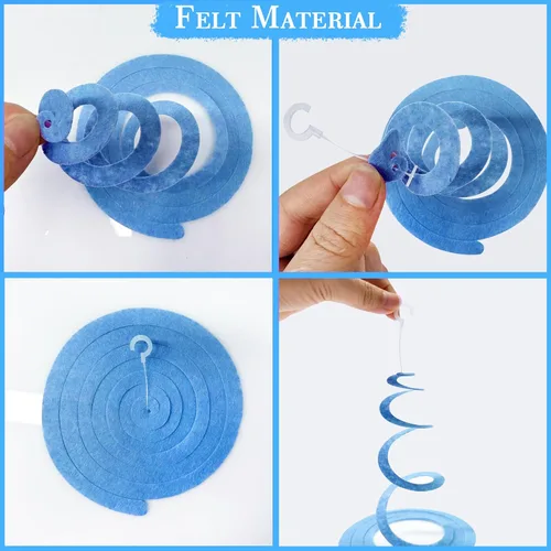 Miniatura 4 de 36 piezas de decoraciones de remolino colgante azul ombre, azul real blanco de fieltro, serpentina en espiral, guirnalda de techo para cumpleaños