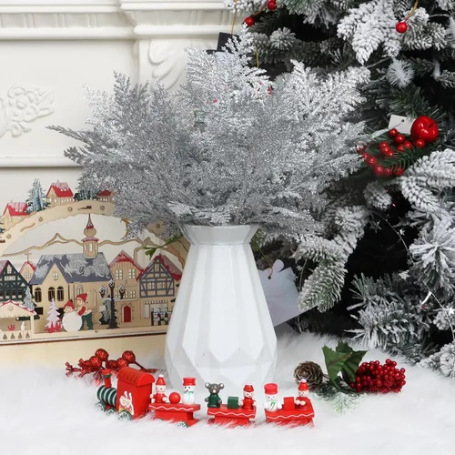 Miniatura 4 de DIYASY Ramas de relleno de árbol de Navidad, hojas de aguja de pino artificial con purpurina de 11 pulgadas, ramas florales, adornos de hojas