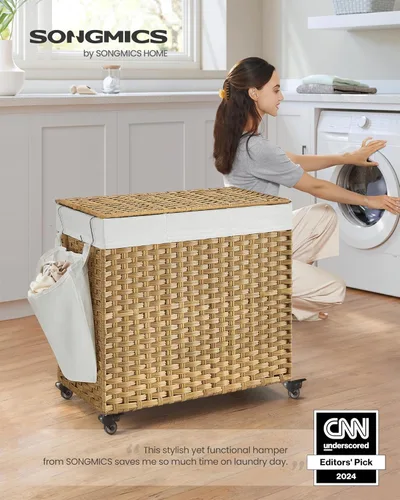 Miniatura 2 de SONGMICS Cesta de lavandería con tapa, 37 galones (140 L), canasta rodante para ropa con ruedas, 3 secciones de ratán sintético, forro extraíble