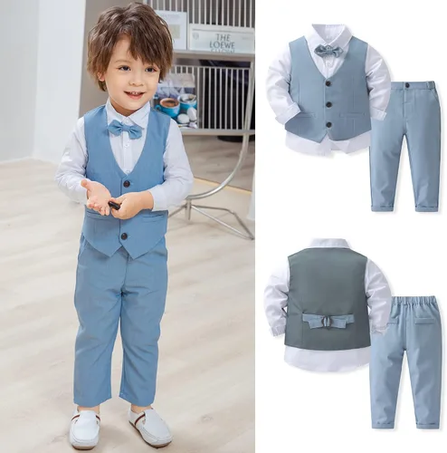 Miniatura 2 de Conjunto de ropa de algodón de manga larga con corbatín + chaleco + pantalones para niños