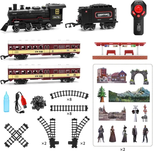 Miniatura 7 de Conjunto de tren para niños, locomotora con control remoto bajo el árbol de Navidad, tren eléctrico de juguete con vagones y vías largas, regalo