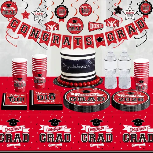Miniatura 5 de DAZONGE Decoraciones de graduación 2026 rojo y negro, kit de vajilla desechable de 265 piezas para 50 invitados, platos, servilletas, vasos, mantel