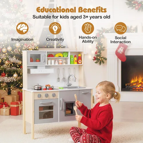 Miniatura 7 de HONEY JOY Juego de cocina para niños, cocina de madera para niños pequeños, microondas, campana extractora, máquina de hielo, 18 accesorios de Gris