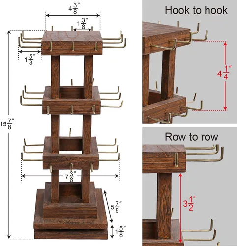 Miniatura 2 de Ikee Design Torre de joyería giratoria de madera natural con 36 ganchos soporte giratorio para almacenamiento de tarjetas para tienda escaparate