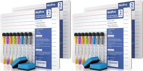 Miniatura 15 de Nicpro Pizarra de borrado en seco de regazo 9 x 12 pulgadas, paquete de 2 pizarras para niños con doble cara, pequeña, rayada y en blanco, con 8