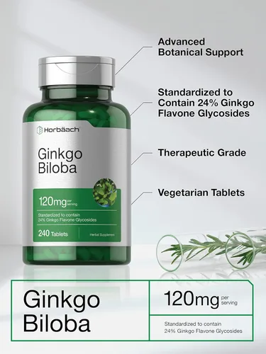 Miniatura 3 de Horbäach Ginkgo Biloba Suplemento 120 mg 240 tabletas Extracto de hierbas estandarizado con glucósidos de flavona Vegetariano, sin OMG y sin