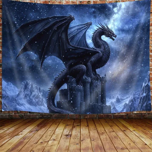 JAWO Tapiz de dragón de fantasía, tapiz de galaxia azul castillo de animales geniales para colgar en la pared para niños y hombres, tapices, manta