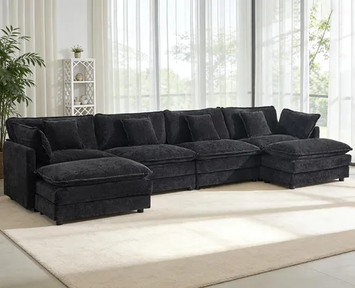 Miniatura 34 de Sofá modular Cloud seccional, moderno sofá modular en forma de L de felpilla con otomana y almohadas, sofás esquineros de asiento profundo de 5 Negro