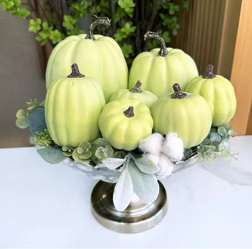 Miniatura 8 de Winlyn 7 calabazas artificiales de cosecha de color verde claro surtidas para Acción de Gracias, Halloween, otoño, mesa de boda, centro de mesa