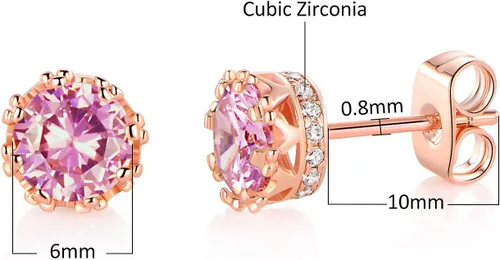 Miniatura 20 de MDFUN Aretes chapados en oro rosa para mujer, 0.236 in, corona brillante redonda, piedra natal, regalo de cumpleaños