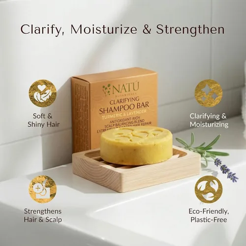 Miniatura 2 de NATÚ BOTANICALS Barra de champú clarificante, barra de champú sólida fortalecedora con cúrcuma, lavanda y manteca de cacao para fortalecer y reparar