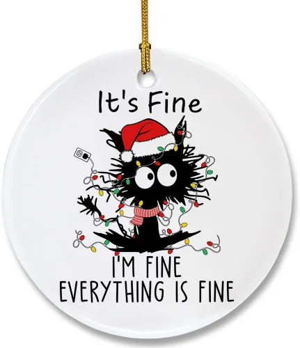 Miniatura 8 de Bonito adorno de cerámica de gato negro, divertidas decoraciones de Navidad para árbol, adorno colgante de Navidad para amantes de los gatos