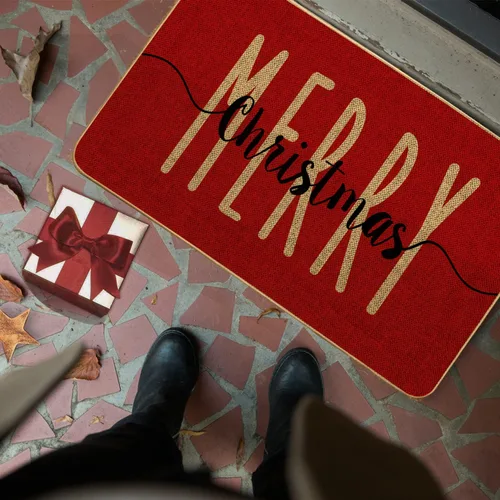 Miniatura 3 de Alfombra Decorativa de Puerta de Bienvenida Roja Feliz Navidad, Alfombra de Puerta de Invierno de Temporada, Alfombra de Piso de Perfil Bajo