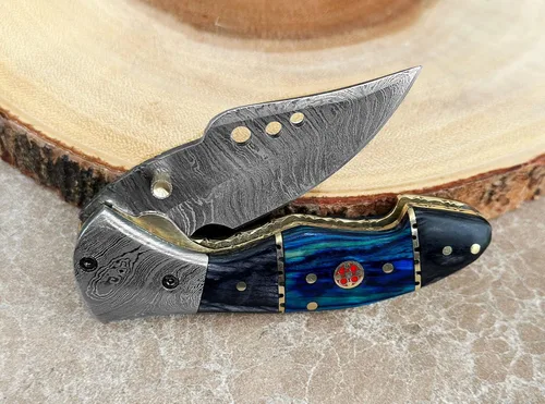 Miniatura 7 de Cuchillo de Bolsillo de Acero de Damasco para Hombres con Funda de Cuero, Cuchillos de Caza Plegables Hechos a Mano de 7 Pulgadas, Mango - Cuchillo