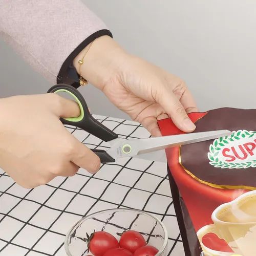 Miniatura 6 de Tijeras de cocina, cuchillas de acero inoxidable, agarre suave, juego de tijeras de cocina multiusos resistentes, negro/verde, juego de 4 piezas