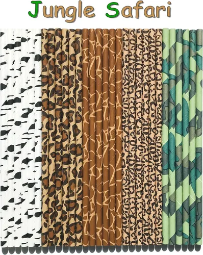 Miniatura 2 de 125 pajitas de papel para fiesta de safari en la selva, marrón, negro, blanco, verde, camuflaje, cebra, leopardo, guepardo, árbol, zoológico