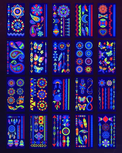 Ozepao 20 hojas de tatuajes temporales que brillan en la luz negra, suministros de fiesta que brillan para adultos y niños, más de 160 diseños