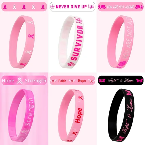 Miniatura 3 de JUNEBRUSHS 42 piezas de accesorios de concientización sobre el cáncer de mama, pulseras de silicona Esperanza Fe Fuerza Coraje, pulseras accesorios