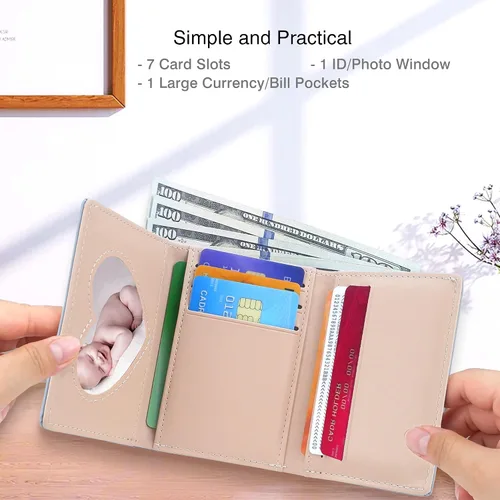 Miniatura 37 de CONISY Lindas carteras para mujer, de cuero con bloqueo RFID, pequeña cartera triple con ventana de identificación para niñas y mujeres