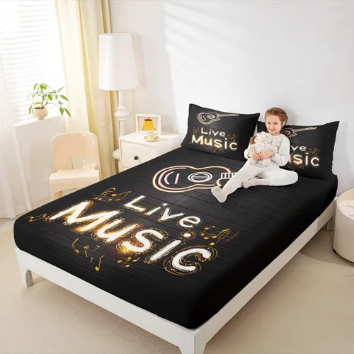 Miniatura 24 de Erosebridal Juego de sábanas de tamaño individual con temática musical, con estampado de notas musicales, juego de cama ajustable en blanco y negro