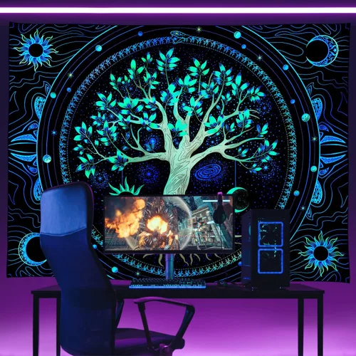 Miniatura 4 de Tapiz para dormitorio, estético, árbol de la vida, con luz negra, reactivo a los rayos UV, tapiz psicodélico, colorido tapiz de pared, sol, luna
